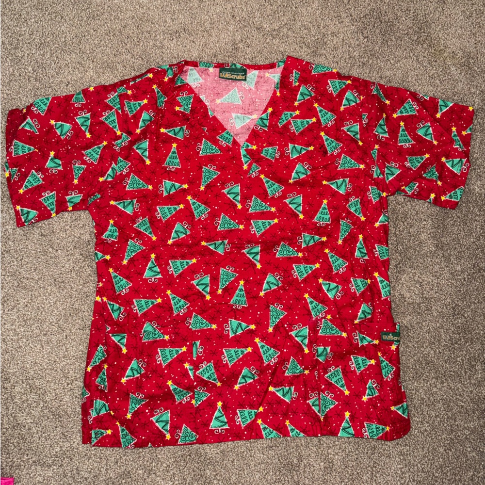 Festive Red Christmas Tree Scrub Top